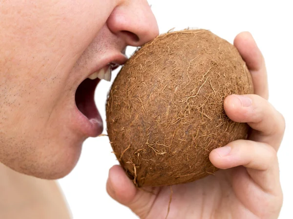 Homem Quer Comer Coco Fundo Branco — Fotografia de Stock