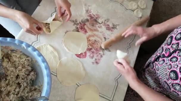 Skördade Bilder Mogna Kvinnor Som Förbereder Degen För Dumplings — Stockvideo