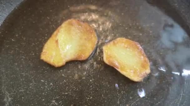 家庭で作られたポテトチップスを油で揚げた映像です — ストック動画