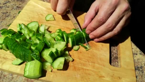 人在木板上切黄瓜的剪影 — 图库视频影像
