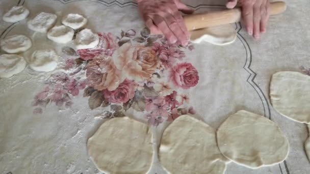 Skördade Bilder Mogna Kvinnor Som Förbereder Degen För Dumplings — Stockvideo