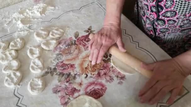 Skördade Bilder Mogna Kvinnor Som Förbereder Degen För Dumplings — Stockvideo