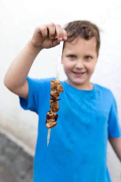 Fiú Pálcikás Kebabot Eszik Parkban Természetben — Stock Fotó