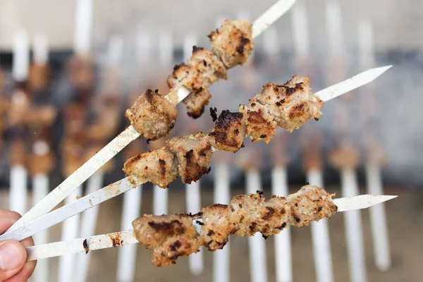 Brochettes Grillées Sur Gril Dans Parc Dans Nature — Photo