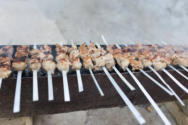 Brochettes Grillées Sur Gril Dans Parc Dans Nature — Photo