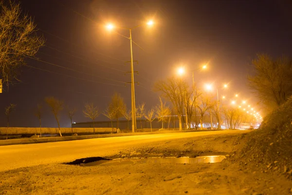 道路在夜间与移动的汽车 在大自然的公园里 — 图库照片