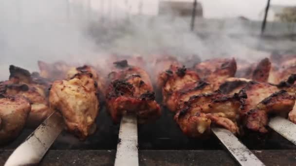 Bliskie Nagranie Grillowania Mięsa Szaszłykach — Wideo stockowe