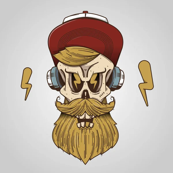 Bärtiger Totenkopf mit Kopfhörer und Mütze — Stockvektor