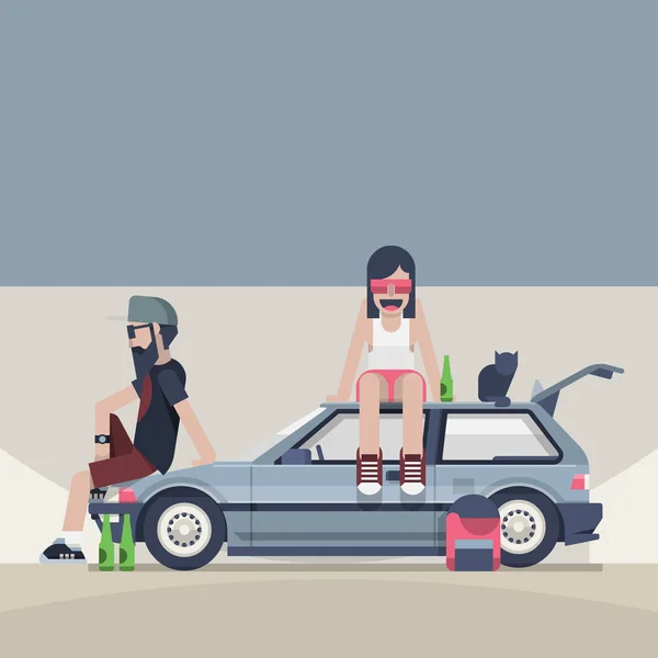 时髦夫妇和汽车 — 图库矢量图片