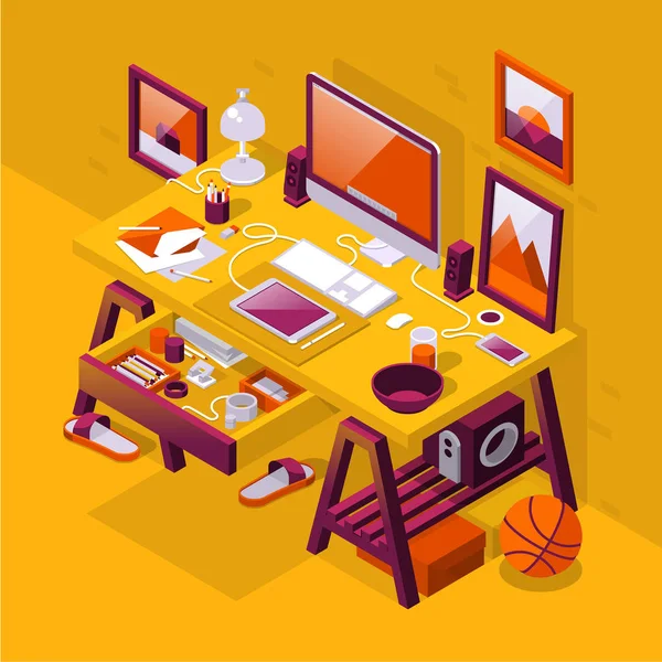 Mesa de designer freelance com gadgets —  Vetores de Stock