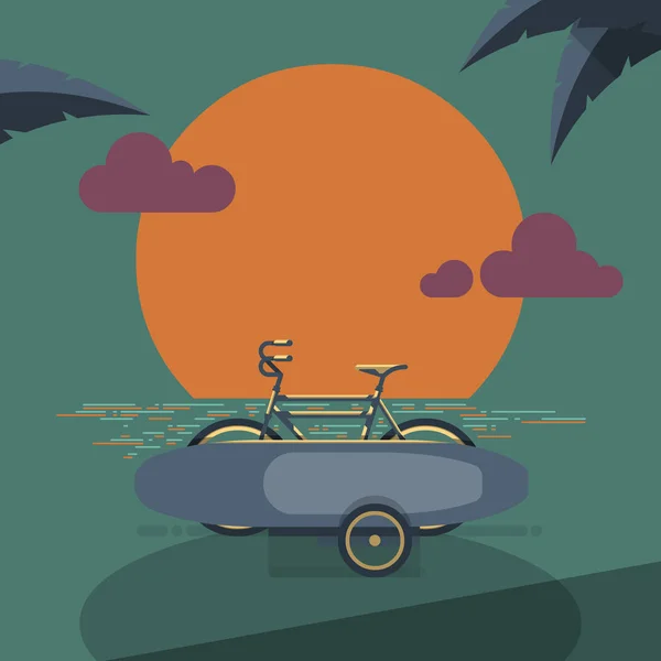 Vélo sur la plage au coucher du soleil — Image vectorielle