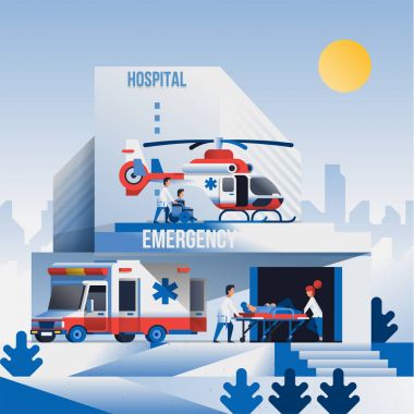 Ambulans ve doktor ile helikopter ile Hastane Binası