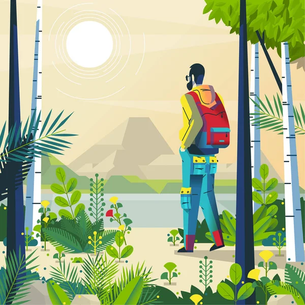 Excursionista Las Montañas Disfrutando Naturaleza Ver Ilustración — Vector de stock