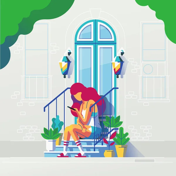 Chica Usando Teléfono Inteligente Sentado Las Escaleras Ilustración Vectorial — Vector de stock