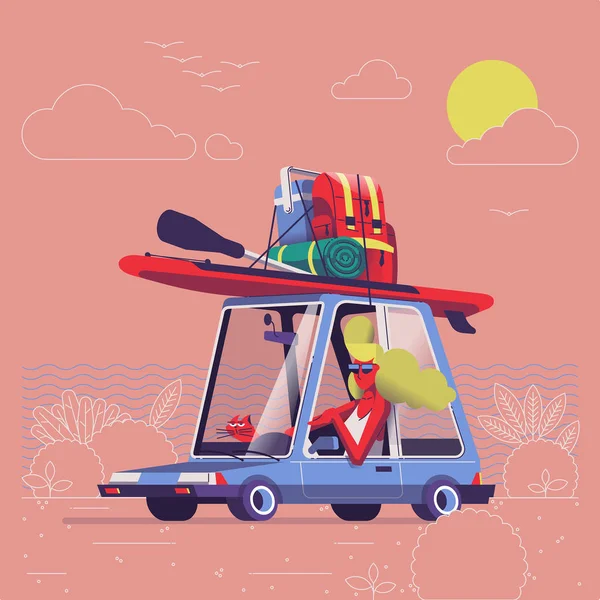 Kız arabada sörf ekipman üstte, kedi ile vektör çizim
