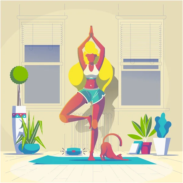 Femme Faisant Yoga Dans Chambre Avec Son Chat Illustration Vectorielle — Image vectorielle