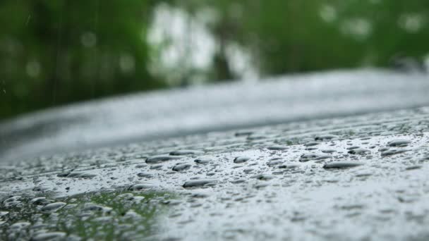 Regnet droppar stänker på bilen på en regnig dag. — Stockvideo