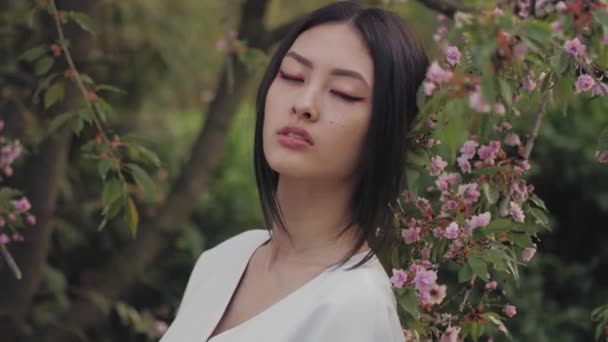 Asiática mujer al aire libre en primavera contra flor flor — Vídeo de stock