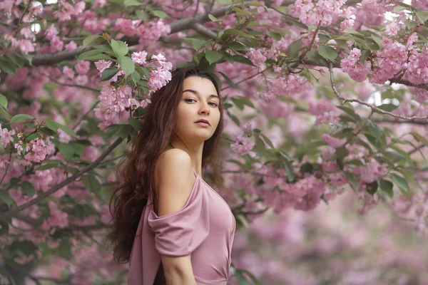 Vrouw bij Blossoming Sakura Tree on Nature — Stockfoto