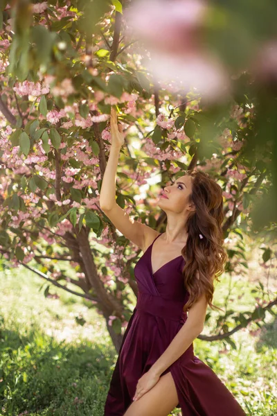 Frau am blühenden Sakura-Baum in der Natur — Stockfoto