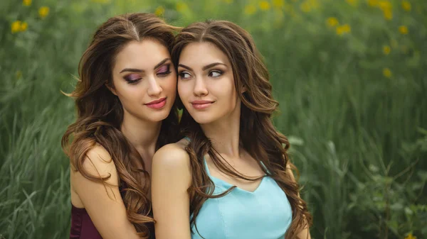 Foto de retrato de moda de dos mujeres contra prado de hierba verde en la naturaleza — Foto de Stock