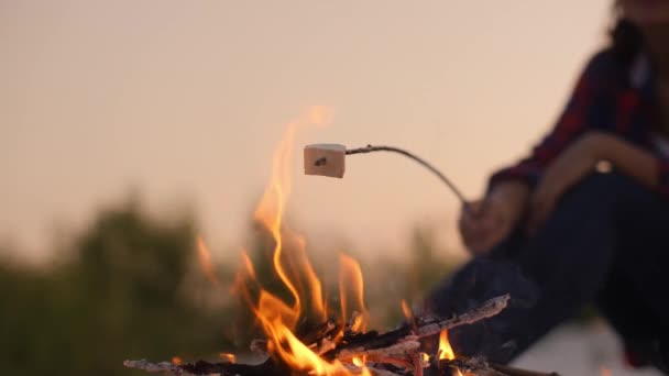 Turisti Nainen Camping Lähellä Campfire Ulkona luonto — kuvapankkivideo