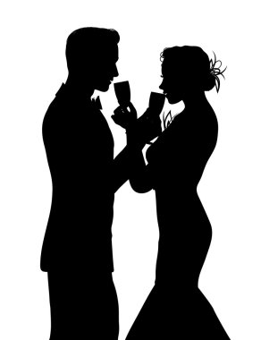 Romantik Çift siluet şampanya paylaşımı