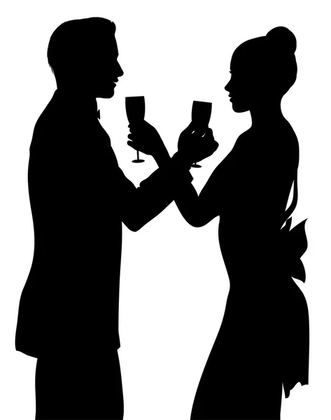 Romantica coppia silhouette condivisione bicchiere di champagne — Vettoriale Stock