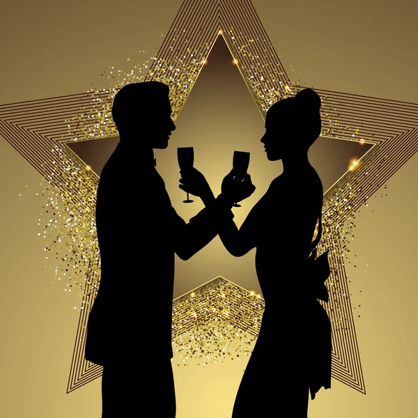 Romantic couple silhouette sharing glass of champagne — Stock Vector