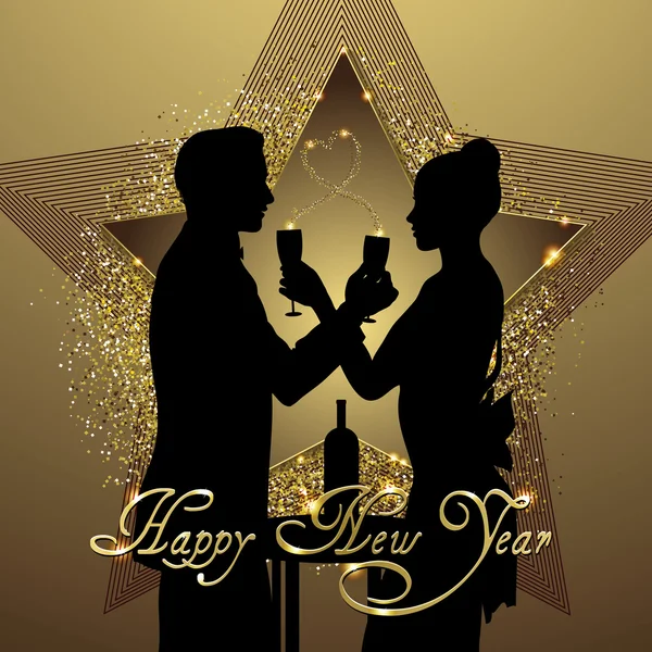 New year background couple silhouette sharing glass of champagne — Stockový vektor