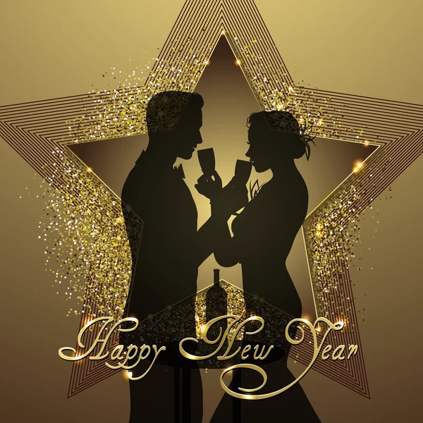 Новый год пара силуэт совместного бокал шампанского — стоковый вектор