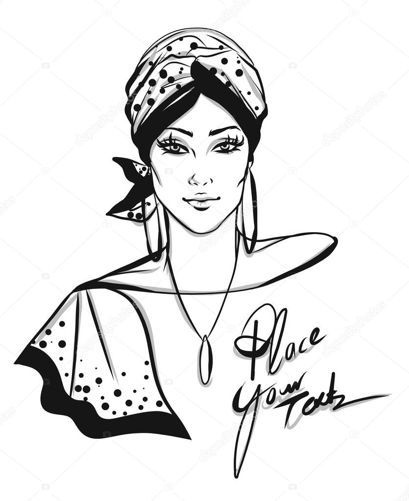 Stylish woman with turban illustration isolated on white background