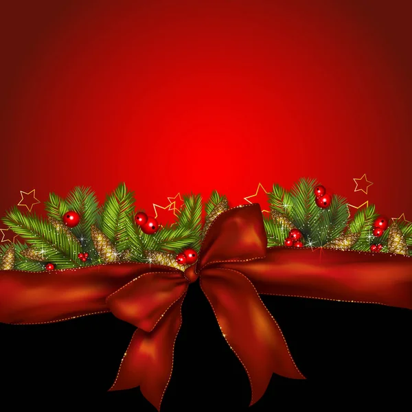 Boże Narodzenie tło z kokardą, gałęzie jodły i czerwone jagody — Wektor stockowy