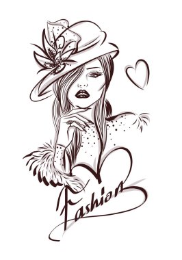 Beautiful woman line art illustration with accessories clipart