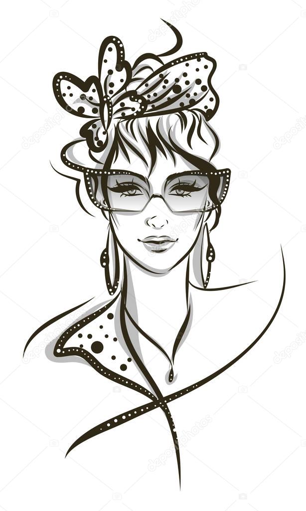 Beautiful woman line art illustration with accessories