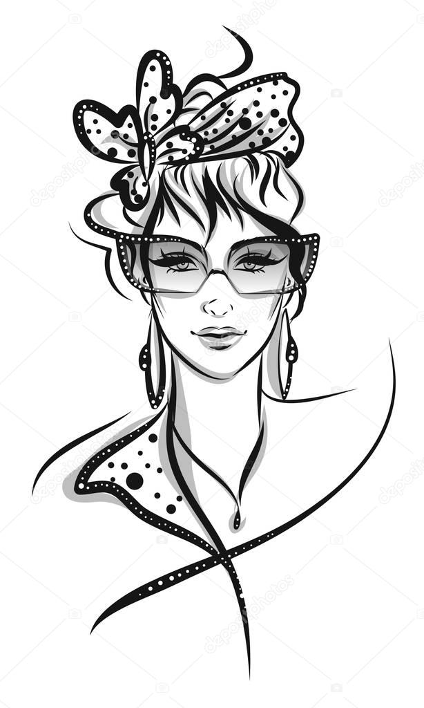 Beautiful woman line art illustration with accessories