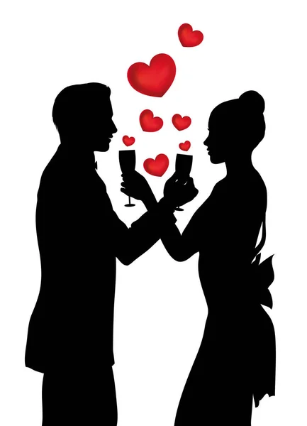 Valentines fond de journée avec un couple silhouette partage verre — Image vectorielle