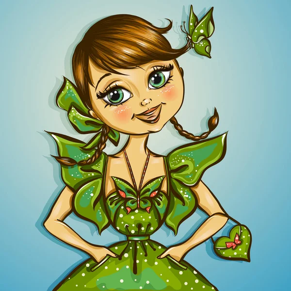 Bonita chica de primavera con mariposa — Vector de stock