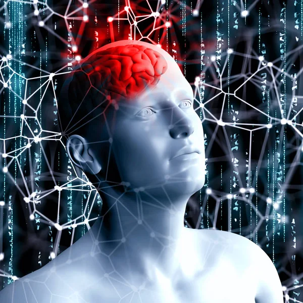 3D візуалізація наукового та технологічного фону з головою людини w — стокове фото