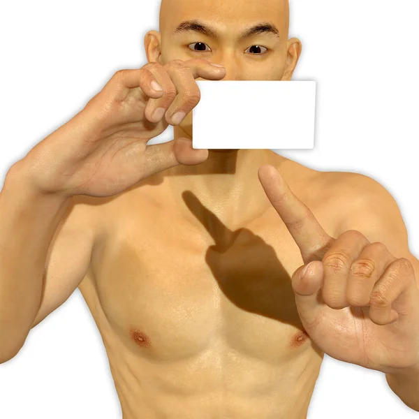3d Asian man holding a blank card looking excited — Stock Photo, Image