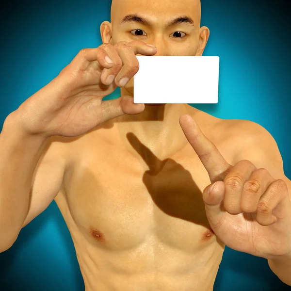 3d Asian man holding a blank card looking excited — Stock Photo, Image