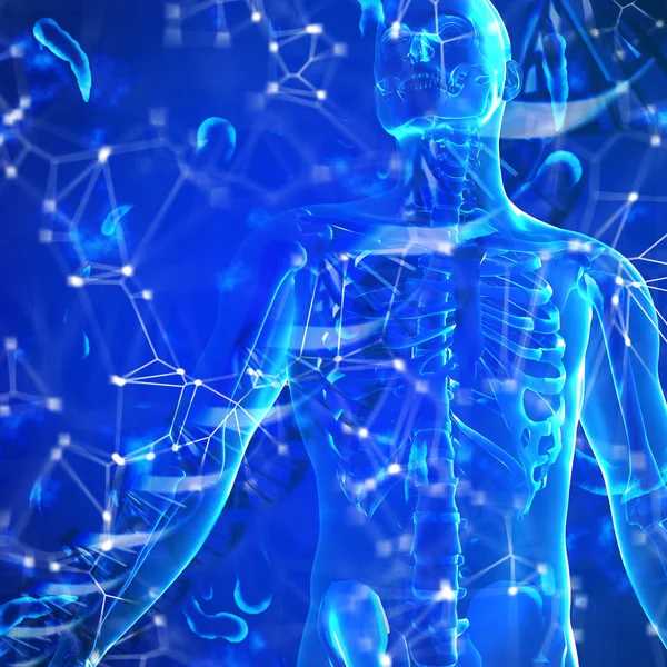 Медичний фон 3d dna з чоловічою фігурою та вірусними клітинами — стокове фото