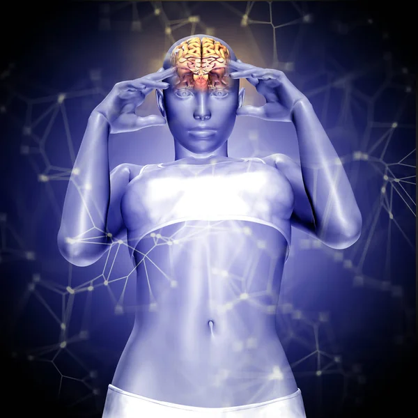 3D візуалізація жіночої фігури з мозком з з'єднувальними точками — стокове фото