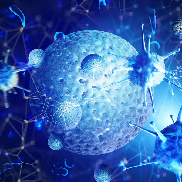3D medische achtergrond met virussen, bacteriën en cellen Stockfoto
