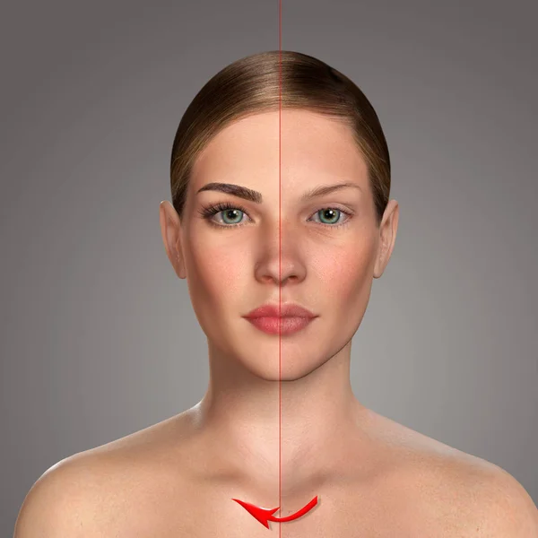 Portrait comparatif 3d des femmes avec et sans maquillage — Photo