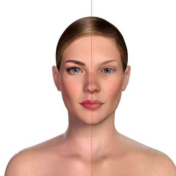 Portrait comparatif 3d des femmes avec et sans maquillage — Photo