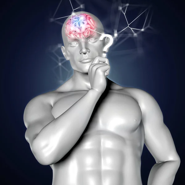 Representación 3D de una figura humana pensando con cerebro resaltado —  Fotos de Stock