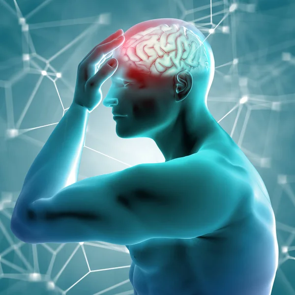 3D καθιστούν μια ανθρώπινη μορφή σκέψης με τον εγκέφαλο τονίζεται — Φωτογραφία Αρχείου