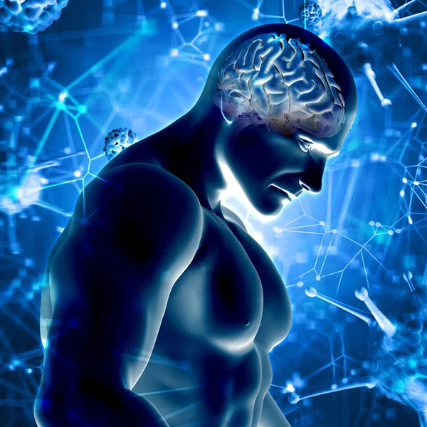 Rendering 3D di una figura maschile che pensa con cervello evidenziato su v — Foto Stock