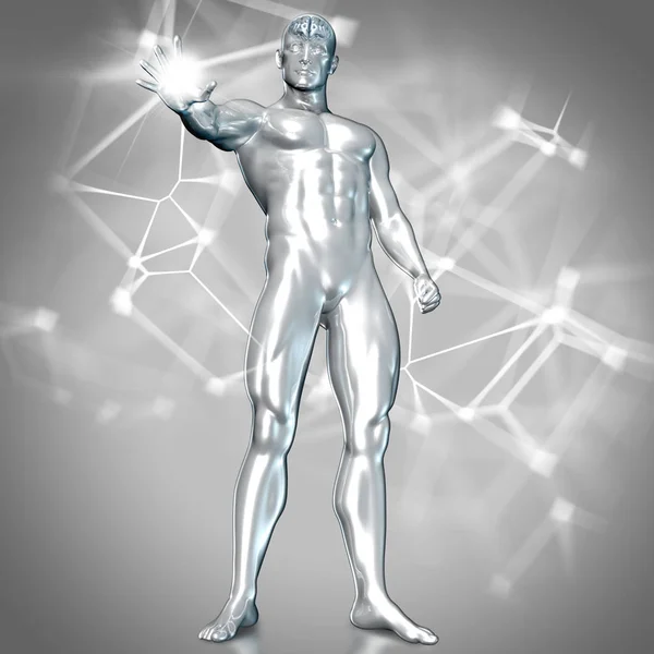 Representación 3D de una figura humana con cerebro resaltado y una luz — Foto de Stock